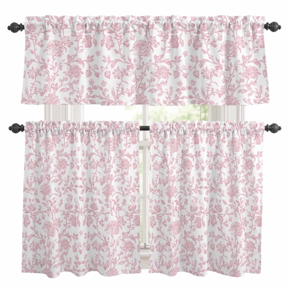 3 Pieces Kitchen Curtain Valance and Tiers Set, Pink Flower Kitchen ...