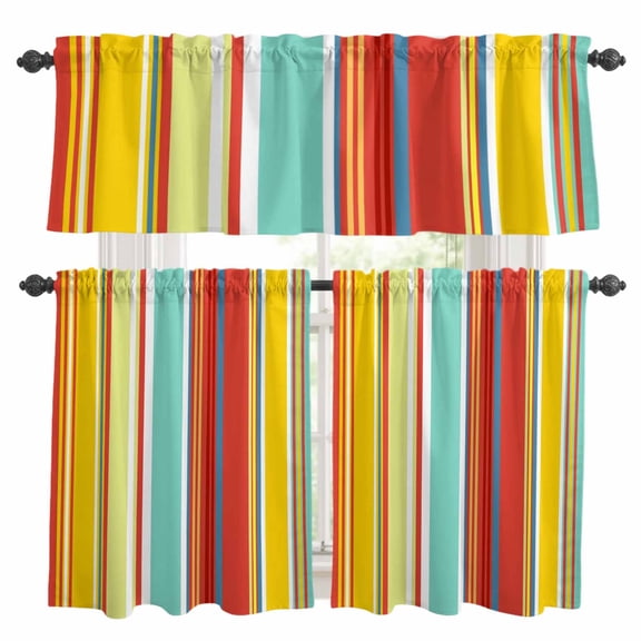 3 Pieces Kitchen Curtain Valance and Tiers Set, Red Aqua Stripe Kitchen Curtains Set Window Curtain Valances, Country Abstract Art Colorful Striped Rod Pocket Bedroom Cafe Curtain 24 Inch Length