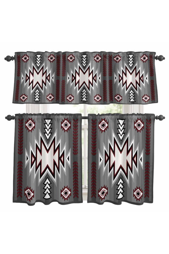 3 Pieces Kitchen Curtain Valance and Tiers Set, Red Gray Kitchen Curtains Set Window Curtain Valances, Southwest Retro Ethnic AztecTexture Bohemian Rod Pocket Bedroom Cafe Curtain 24 Inch Length