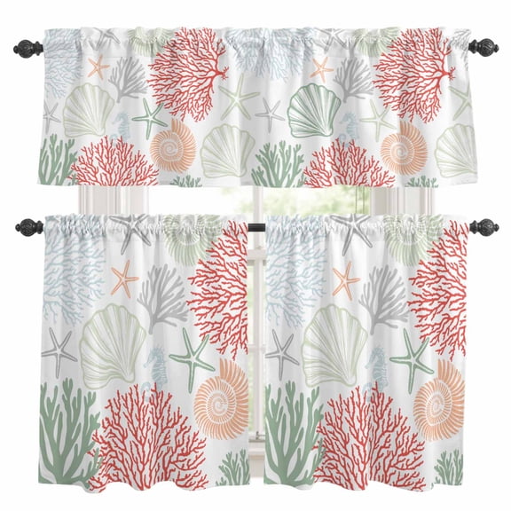 3 Pieces Kitchen Curtain Valance and Tiers Set, Red Sage Green Coastal Kitchen Curtains Set Window Curtain Valances, Summer Beach Coral Shell Starfish Rod Pocket Bedroom Cafe Curtain 24 Inch Length