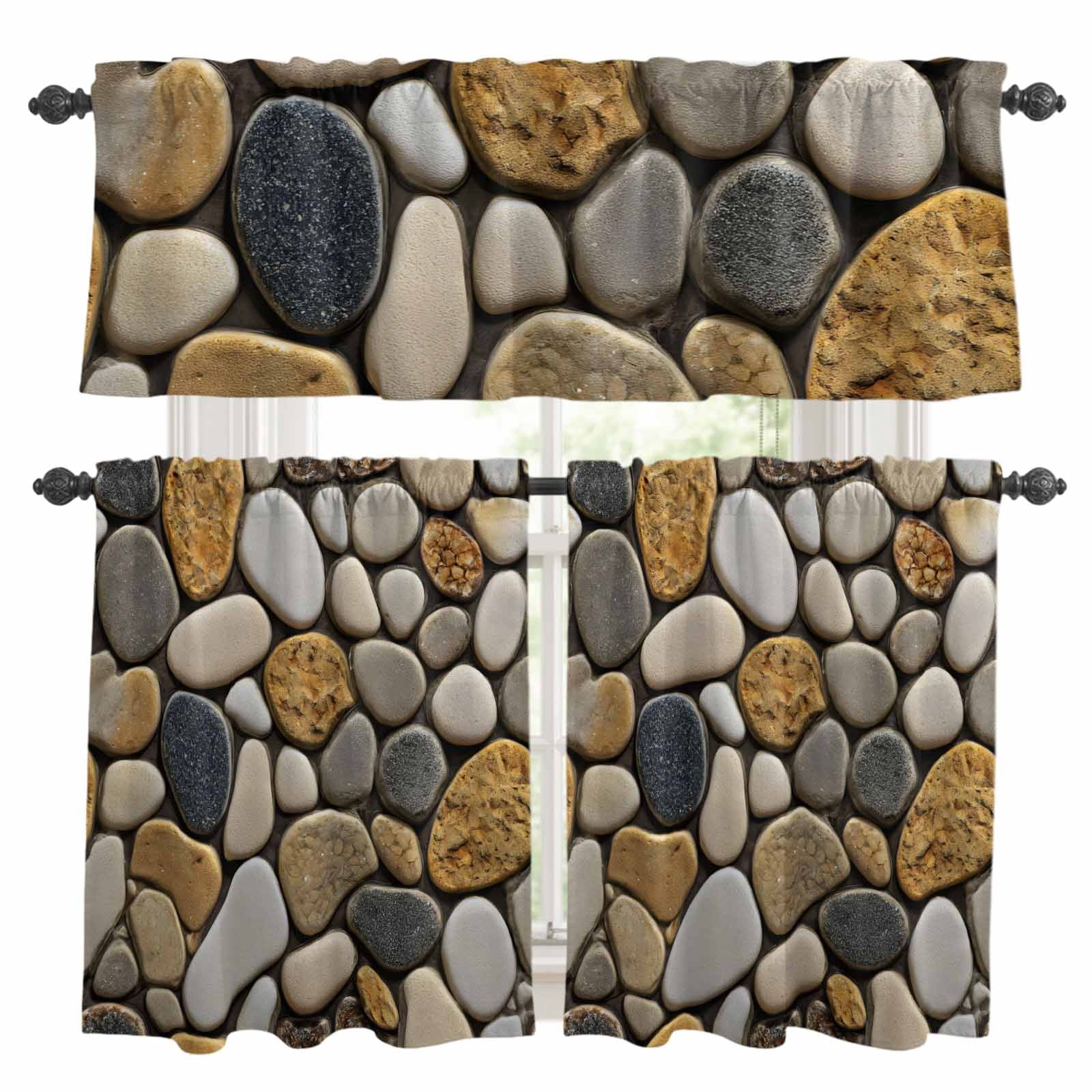 3 Pieces Kitchen Curtain Valance and Tiers Set, Stones Kitchen Curtains ...