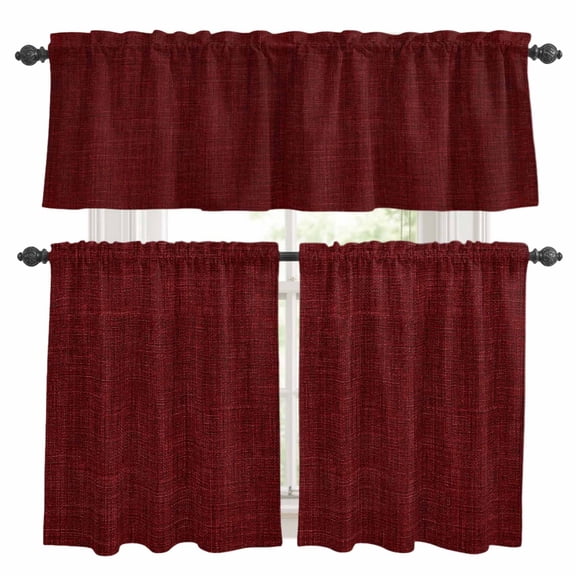 3 Pieces Kitchen Curtain Valance and Tiers Set, Vintage Dark Red Kitchen Curtains Set Window Curtain Valances, Farmhouse Retro Solid Color Linen Texture Rod Pocket Bedroom Cafe Curtain 24 Inch Length