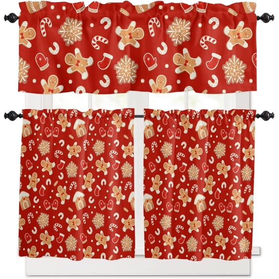 3 Pieces Kitchen Curtains Valances Set Red Christmas Gingerbread Man Short Curtain Rod Pocket Window Curtain Window Treatment Tiers Valances (Single Panel 54"x18",2 Tiers 27.5"x24")