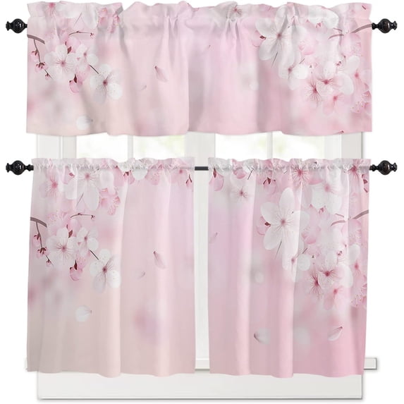 3 Pieces Kitchen Curtains & Valances Set, Spring Cherry Blossoms, Short Curtain Rod Pocket Window Curtain, Pink, Window Treatment Tiers Valances (Single Panel 54"x18",2 Tiers 27.5"x24")