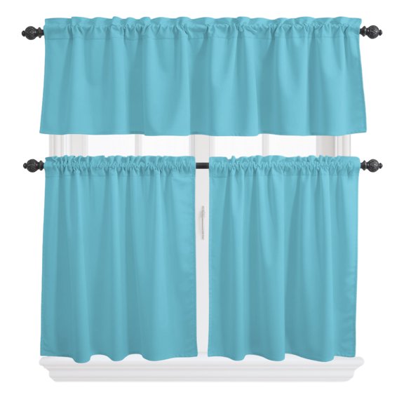 3 Pieces Kitchen Curtains and Valances Set Tier Curtains Azure Short Curtain Rod Pocket Window Curtain Panels Modern Solid Color (Single Panel 54"x18",2 Tiers 24"x36")