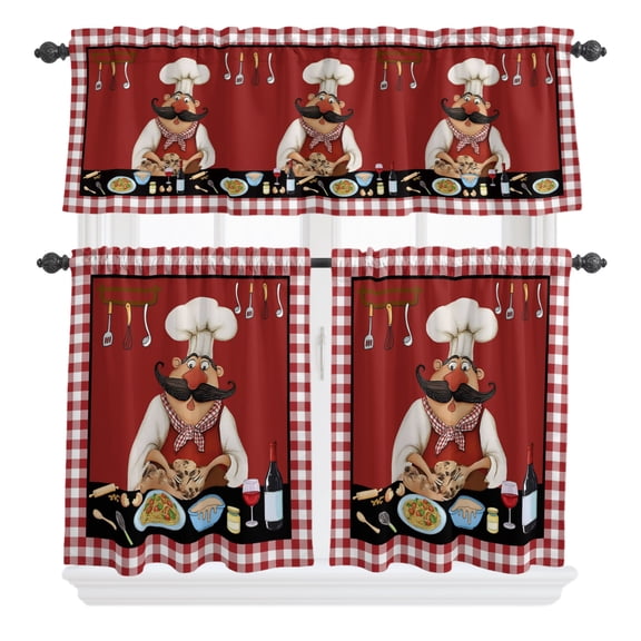 3 Pieces Kitchen Curtains and Valances Set Tier Curtains Bistro Cooking Chef Short Curtain Rod Pocket Window Curtain Panels Funny Kitchen Wine Red Plaid (Single Panel 54"x18",2 Tiers 24"x36")