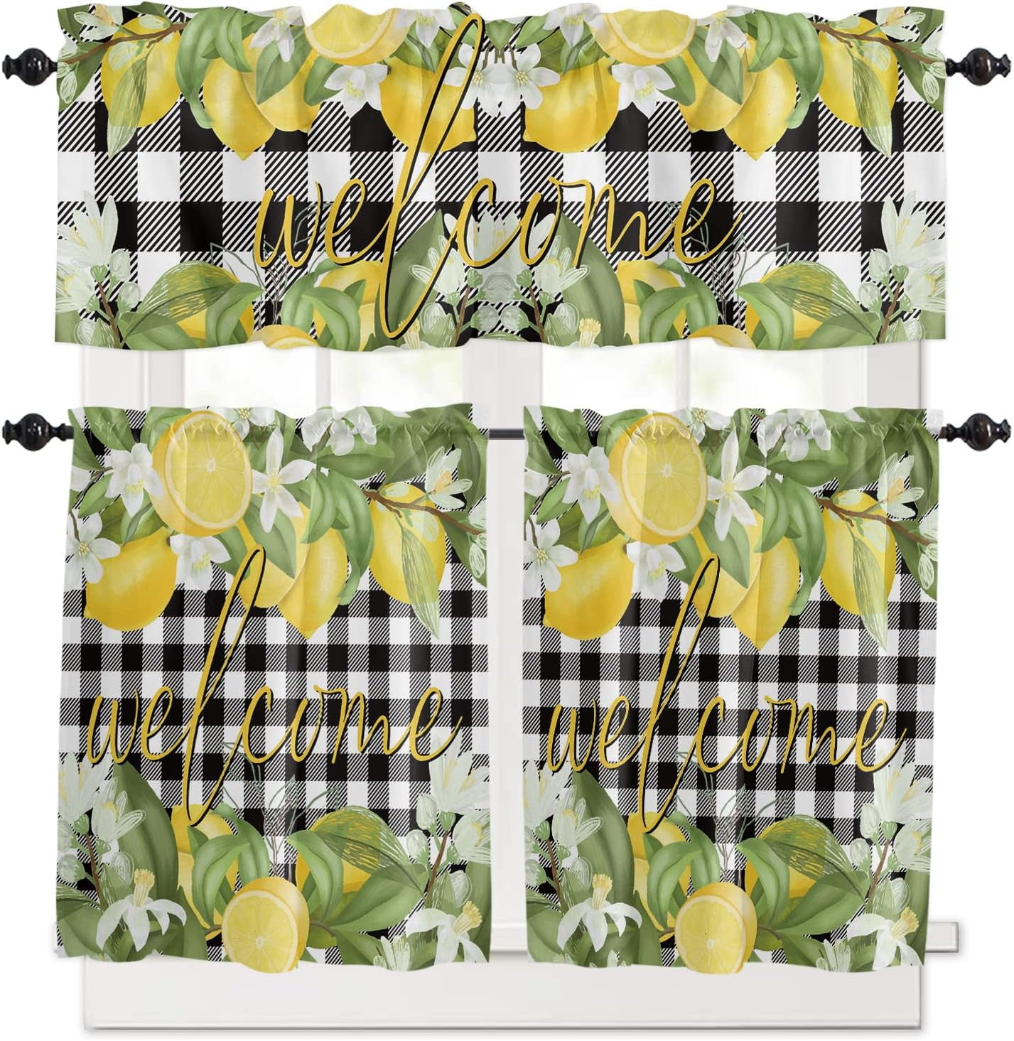 3 Pieces Kitchen Curtains & Valances Lemon Buffalo Plaid