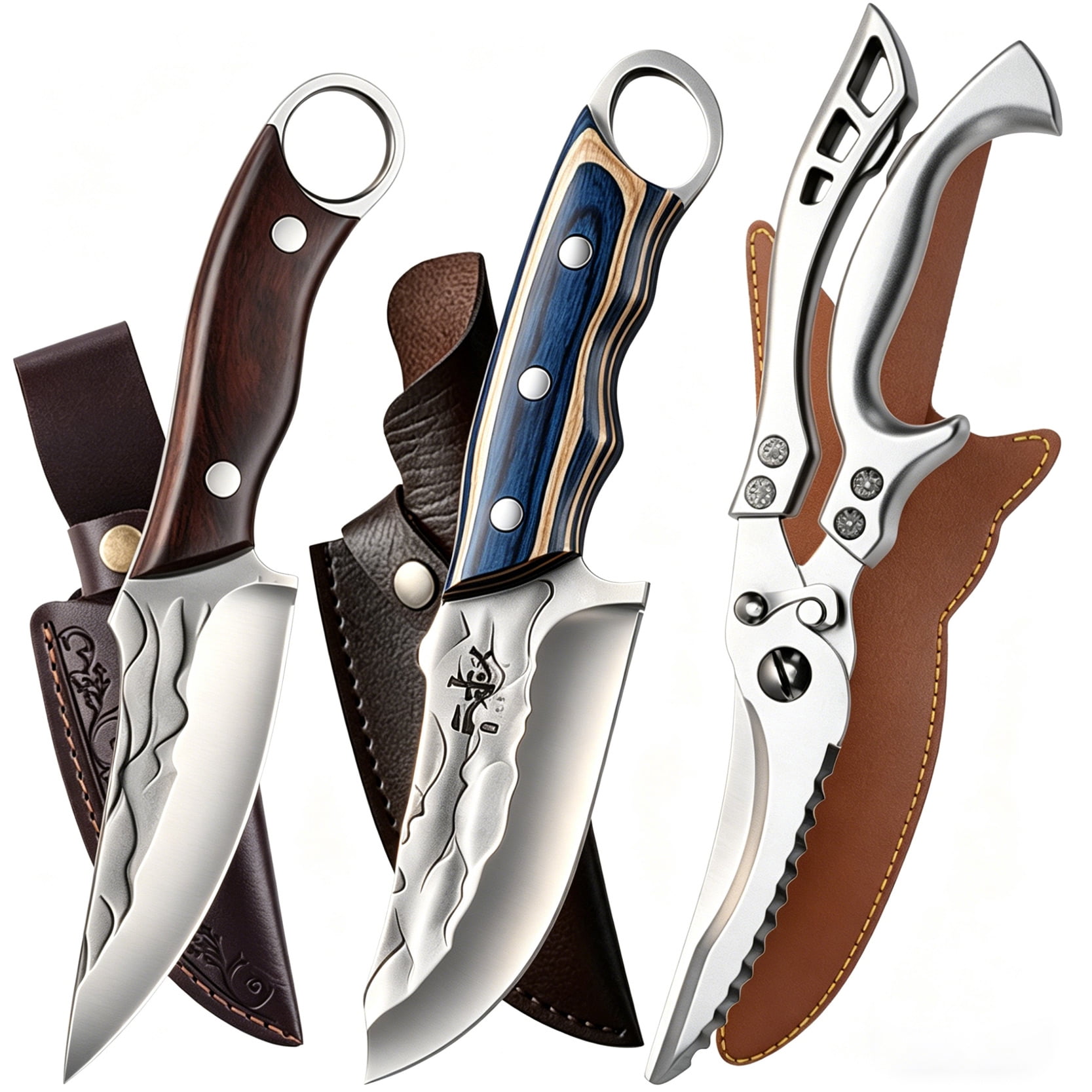 3 Pieces Kitchen Knives Set, Hand Forged High Carbon Steel Boning Knives with Independent Leather Sheath, Multi-Functional Kitchen Scissors, Multi-Purpose Meat Cutting Cooking Tool
