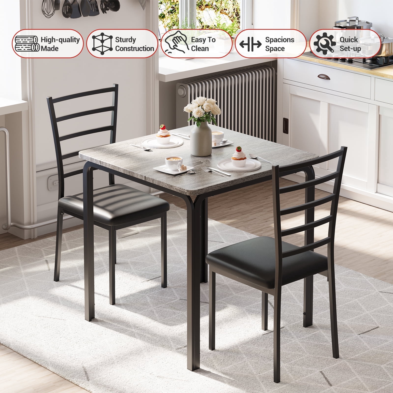 Qeetex Small Dining Table Set for 2 Table and Chairs Set of 2 3 Piece Square 2 Person Dining Table Set with Upholstered Chairs Dinner Kitchen Table Set for 2 for Small