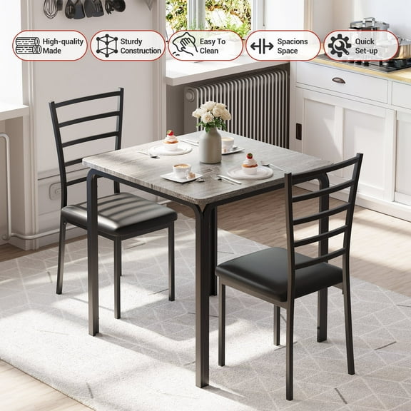 3 Pieces Kitchen Table Set, Small Dining Room Table with 2 Upholstered Chairs, Wood Square Dining Table Set, Space-Saving Dinette for Small Space Apartment Dining Room