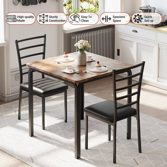 3 Pieces Kitchen Table Set, Small Dining Room Table with 2 Upholstered Chairs, Wood Square Dining Table Set, Space-Saving Dinette for Small Space Apartment Dining Room