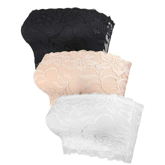 3 Pieces Lace Bandeau Bra Tube Top Bra Stretchy Strapless Bandeau for Women Girls, L