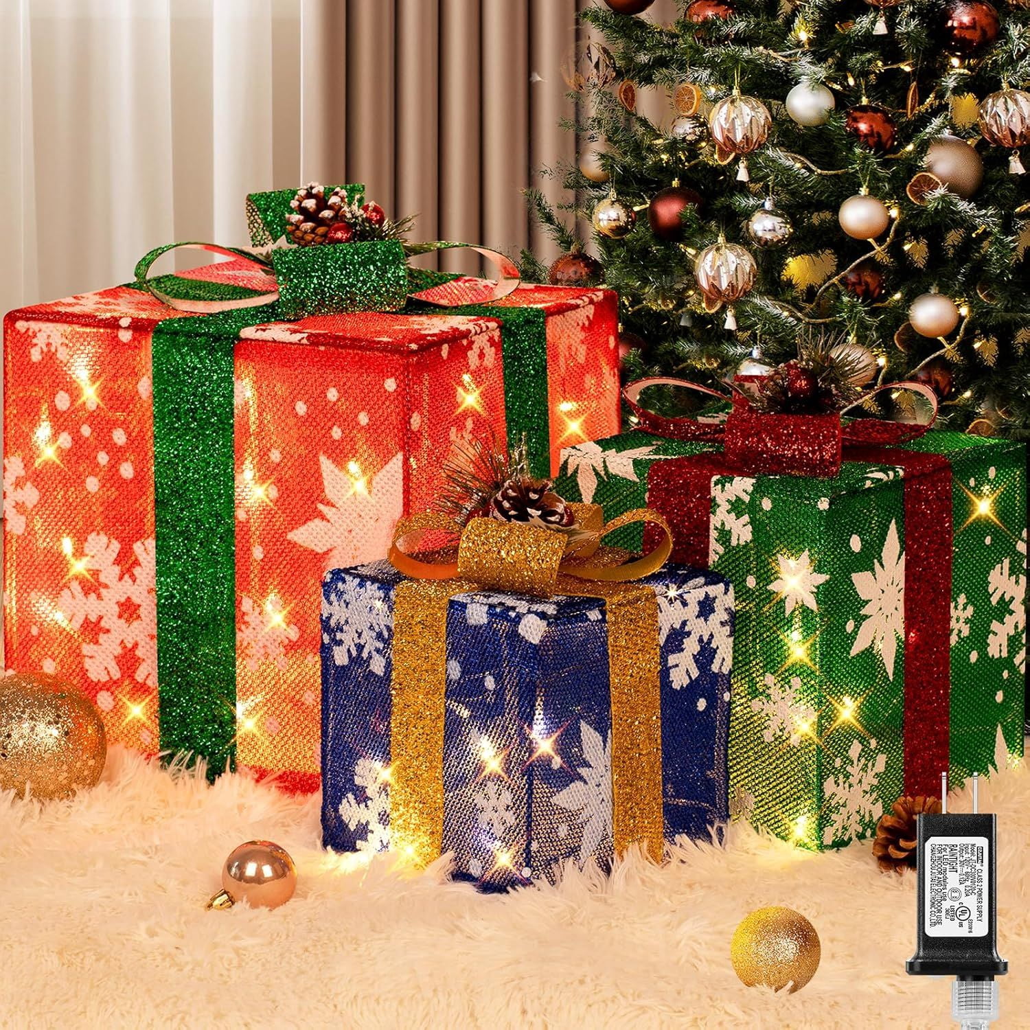 3 Pieces Large Gift Boxes for Christmas Decorations Outdoor, 10" 8" 6" with Pre-lit 70 LED Mini String Lights, Plug-in Warm White Present Boxes with Glitter for Christmas Wedding Party