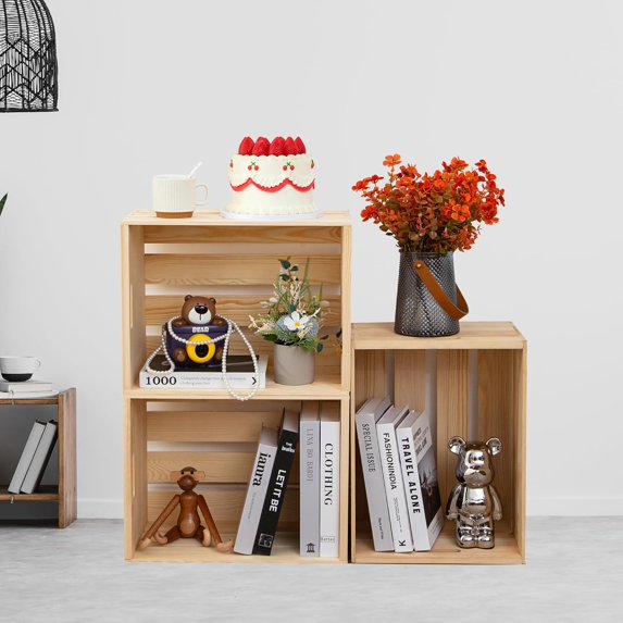 3 Pieces Large Pine Wood Crates For Storage, Unfinished Natural Wooden Crates, 17" x 13" x 8.9" Each, Holds Up to 50 Pounds