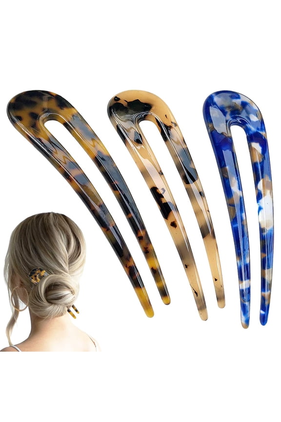 3 Pieces Large U-Shaped Hair Pins for Girls Hairstyle, Acetate French Style Hair Sticks Forks, Vintage Buns Hair Pins Clips for Thicker Hair 4.7