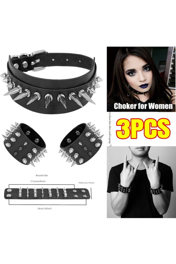 3 Pieces Leather Studded Spike Bracelet Choker Punk Gothic Metal Rivet Cuff Bangle Black Wristband