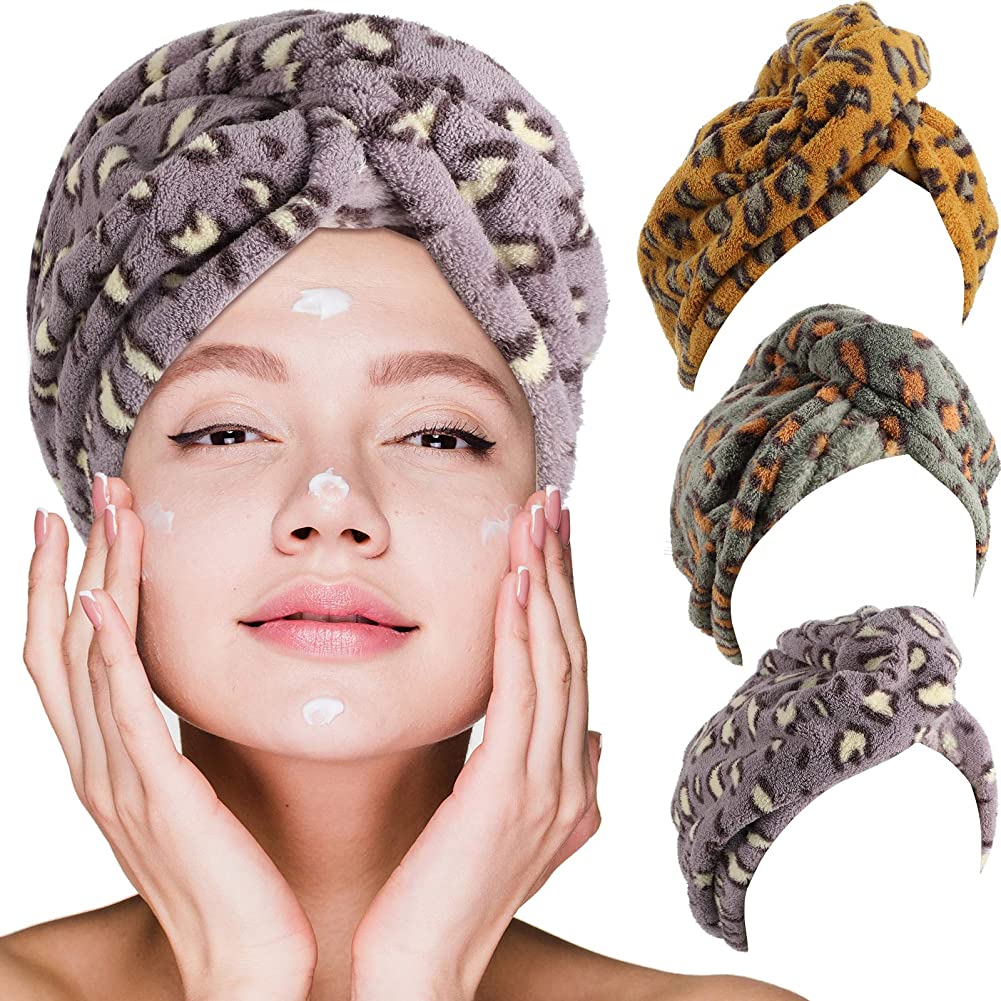 3 Pieces Leopard Microfiber Hair Towel Wrap Fast Drying Hair Cap Anti