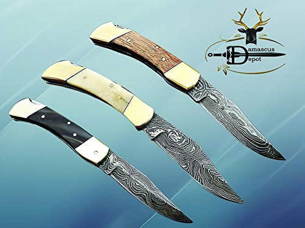 3 Pieces Lever Lock Folding Damascus Steel Knife, Includes White Camel