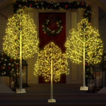 3-Pieces Lighted Birch Trees Sets, SEGMART 6FT+5FT+4FT White Pre-lit Christmas Trees with 650 LED, Stand and Timer, Artificial Christmas Decorations for Festival, Party