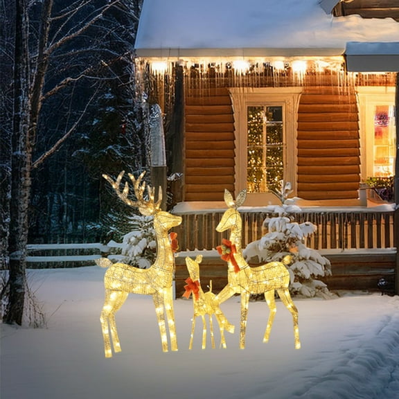 3 Pieces Lighted Christmas Reindeer Family 54 inch Christmas Outdoor Lighted Deer Decoration Warm White 210 LED Lights Indoor 3D Decoration with Stakes for Yards Garden Lawn Patio - Gold