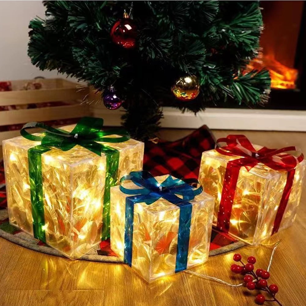 3 Pieces Lighted Gift Boxes Christmas Decoration, 7.4in 6in 5.1 in