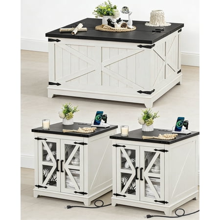 3 Pieces Living Room Coffee Table Set, Retro Coffee Table with 2 End Tables with Charging Station, Tea Table Set with Metal Cornor for Apartment Home Office, White