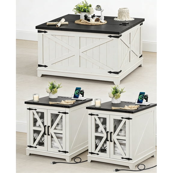 3 Pieces Living Room Coffee Table Set, Retro Coffee Table with 2 End Tables with Charging Station, Tea Table Set with Metal Cornor for Apartment Home Office, White