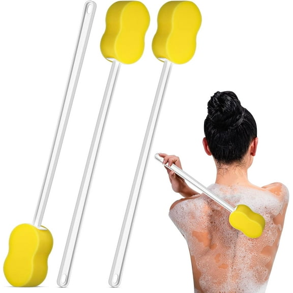 3 Pieces Long Handle Bath Sponge 22.4'' Back Sponge on a Stick Lightweight Back Washer Handled Butt Scrubber Shower Brush for Foot Body Cleaning Bathing Limited Motion, Yellow Sponge