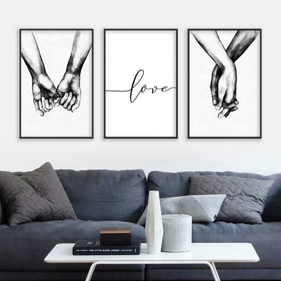 3 Pieces Love Holding Hands Wall Stickers - Black and White Sketch Couple Hand Canvas Painting Poster for Home Bedroom Living Room Decoration - No Frame Needed