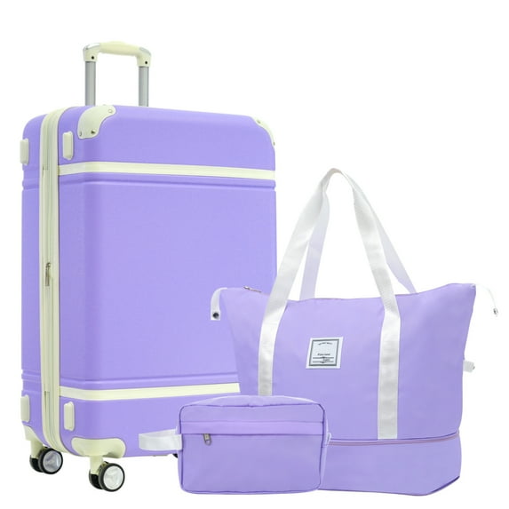3 Pieces Luggage Sets, Hard Shell 24 Inch Travel Luggage with Expandable Travel Bag and Toiletry Bag, Expandable Carry On Luggage for Men Women with Tsa Lock and Spinner Wheels, Purple