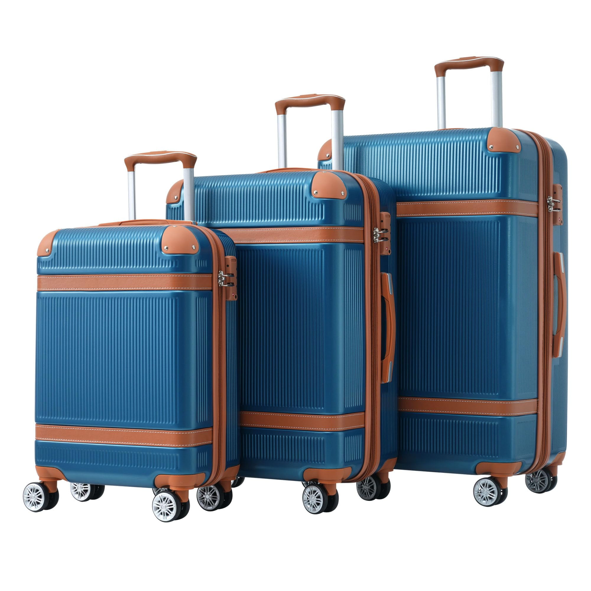 Blue and Brown 3 Piece Hard Shell Spinner Luggage Set