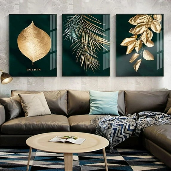 3 Pieces Luxury Pictures Golden Leaf Wall Art Minimalist Nordic Tropical Plants Canvas Prints For Living Room Dining Room Modern Home Decor With Inner Frame