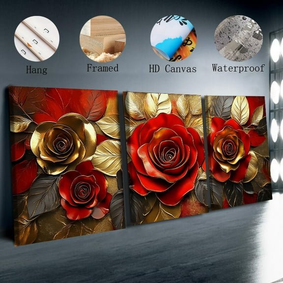 3 Pieces Luxury Rose in Gold Leaf Design Office or Living Room Decoration, Wooden Frame, Gold Decoration, Perfect Modern Space, Office Art | Elegant Wall Art | Wooden Frame Art