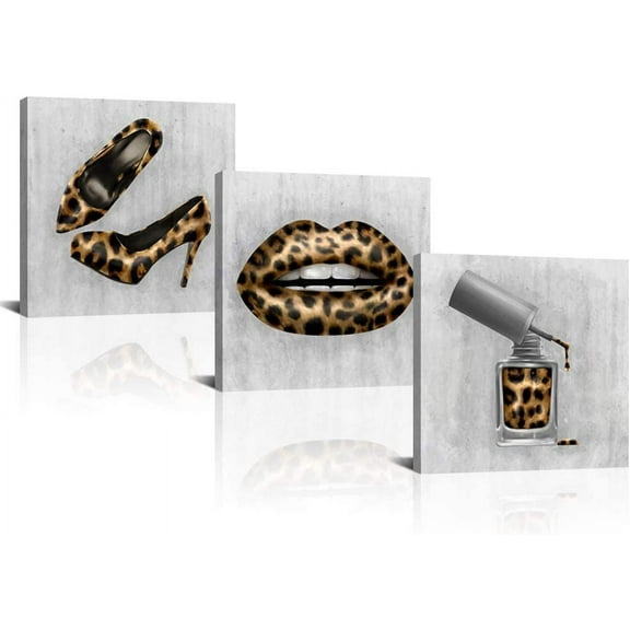 3 Pieces Makeup Picture Wall Decor Salon Fashion Canvas Art Leopard Pattern High Heels Lips and Nail Polish Painting Print Artworks for Bedroom Stretched and Framed Ready to Hang 12"x12"x3pcs