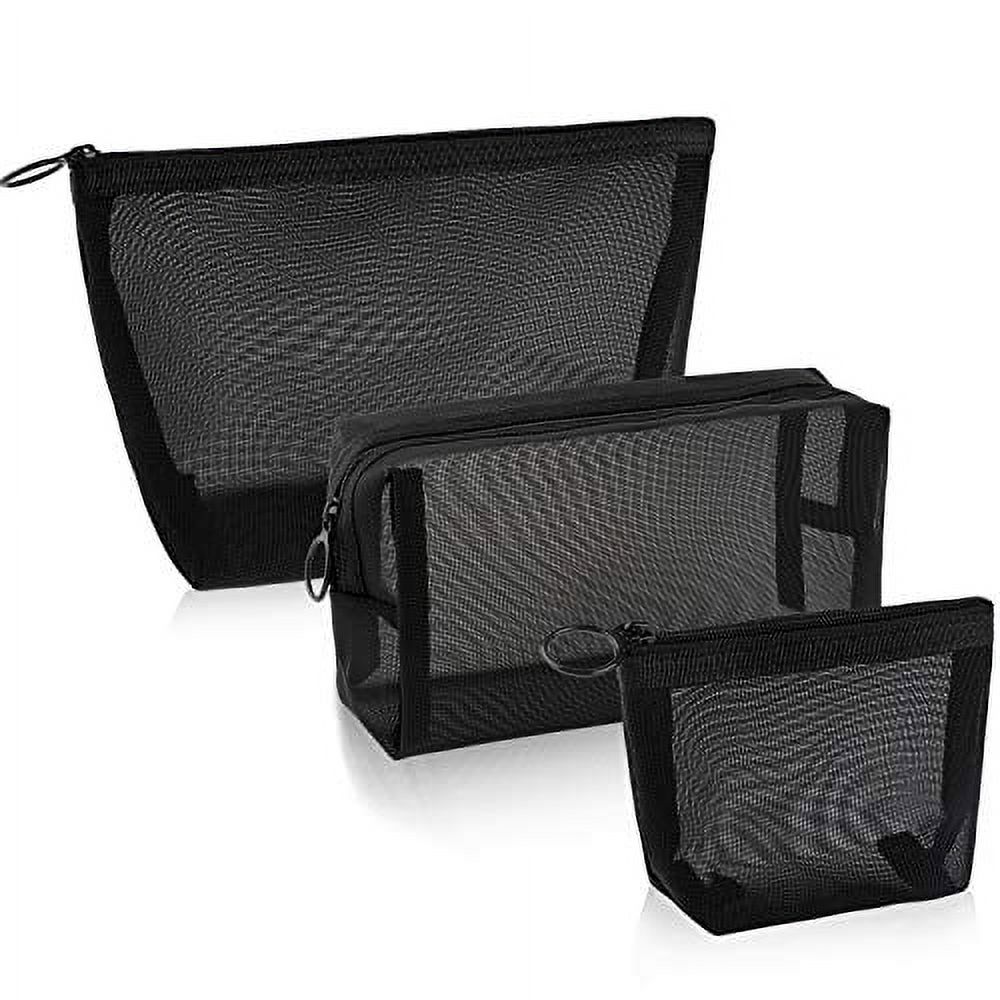 3 Pieces Mesh Cosmetic Bag Mesh Makeup Bags Mesh Zipper Pouch for Offices Travel Accessories 3 Sizes Black