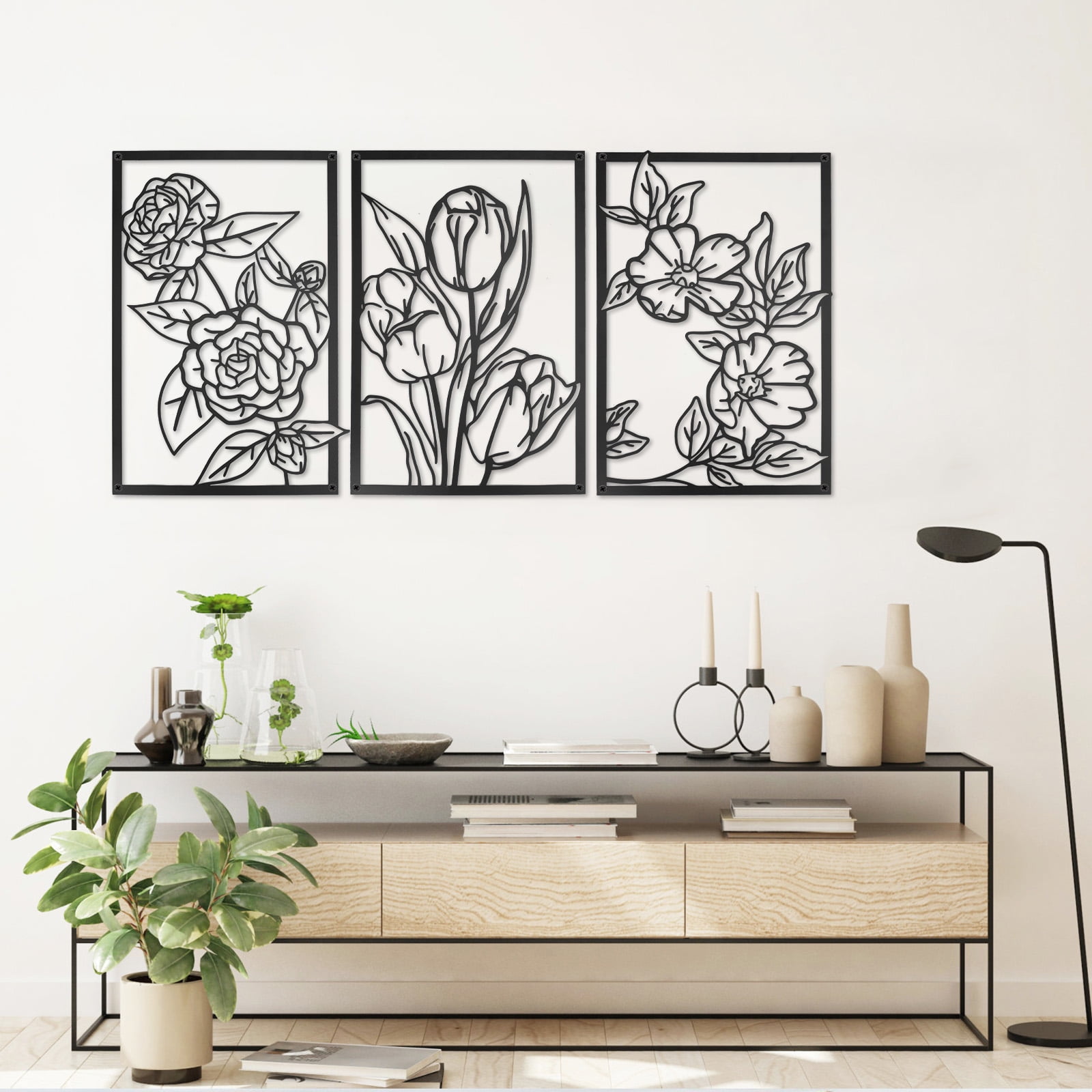 3 Pieces Metal Flower Wall Decor, Metal Door Art Wall Sculptures, Minimalist Floral Wall Hanging for Indoor Living Room Kitchen(Black)