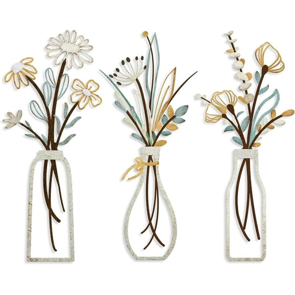 3 Pieces Metal Flowers Wall Arts - Rustic Farmhouse Decor Beige Minimalist Flower Wall Decors for Living room Bathroom Bedroom Dining Room-Housewarming Gifts