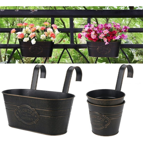 3 Pieces Metal Iron Hanging Flower Pot,Bexikou Hanging Flower Buckets with Drainage Hole&Detachable Hook,Flower Pot Vase Retro Garden Plant Hanging Buckets Vase for Fence Garden