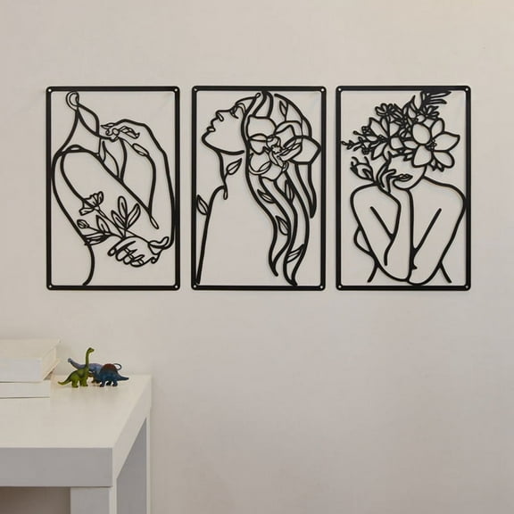 3 Pieces Metal Minimalist Abstract Woman Wall Art Line Drawing Decor Single Female Home Hanging