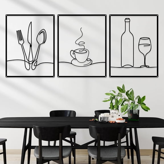 3 Pieces Metal Minimalist Line Kitchen Signs Wall Decor Drawing Rustic Kitchen Wall Art for Kitchen Dining Living Room Home, 14 x 11 Inches (Black)