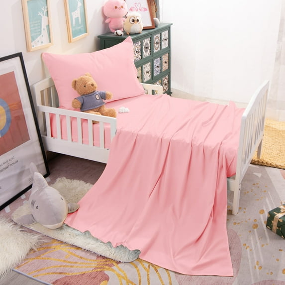 3 Pieces Microfiber Toddler Bed Sheet Set, Easy care and Breathable Crib Bedding Set for Boys and Girls, Pink, Include Crib Fitted Sheet, Flat Sheet, Envelope Pillowcase