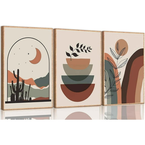 3 Pieces Mid-Century Modern Boho Canvas Wall Art Neutral Abstract Bohemia Geometric Moon Sun Desert Plant Pictures Wall Decor Poster Print Artwork for Living Room Office Bedroom Home Decoration