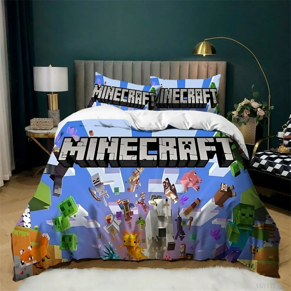 3 Pieces Minecraft Duvet Cover Bedding Set Full Size Light-Weight Bedding Set Soft Breathable Quilt Cover with Pillowsham