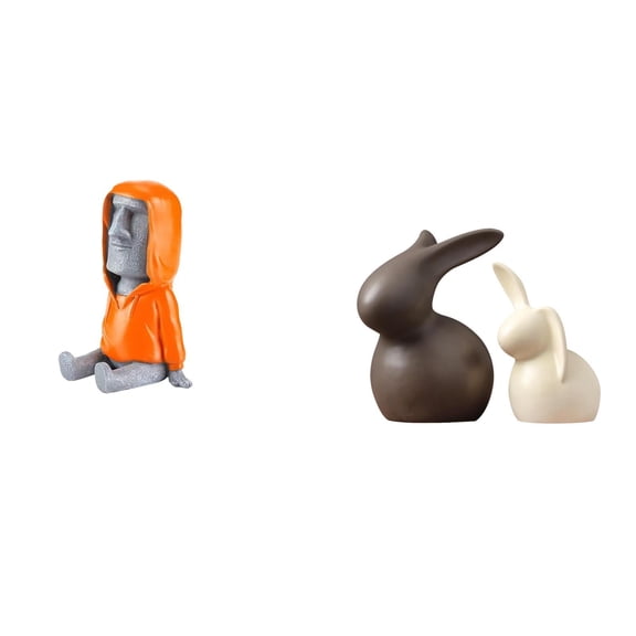 3 Pieces Moai Head Sculpture Ceramic Bunny Statue Resin Retro Finish for Bedroom Table Home Office