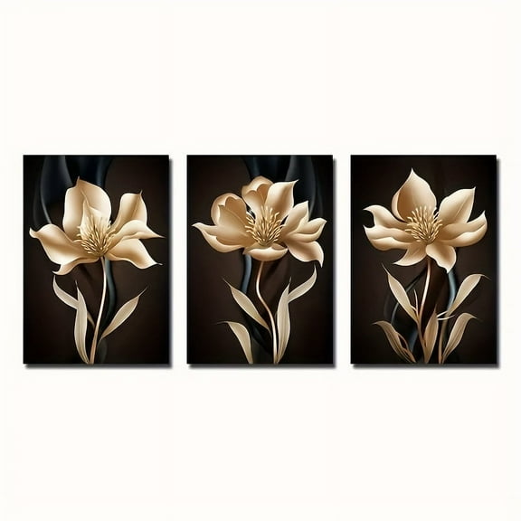 3 Pieces Modern Abstract Black Gold Floral Wall Art - Frameless Decorative Painting, Eye-catching and Stunning, Essential for Living Room Decoration