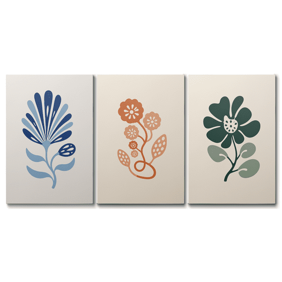 3 Pieces Modern Botanical Canvas Wall Art Abstract Floral Picture Print, Blue Rust Green Minimal Flower Artwork Vintage Plant Paintings for Home Office Bedroom Living Room Wall Decor
