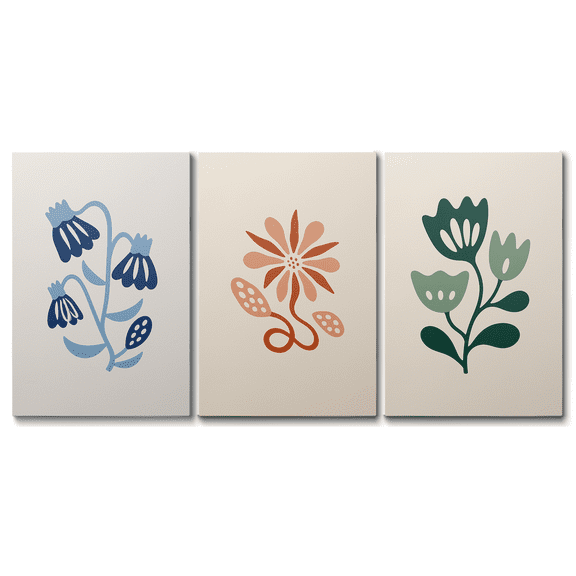 3 Pieces Modern Botanical Canvas Wall Art Abstract Floral Picture Print, Blue Rust Green Minimal Flower Artwork Vintage Plant Paintings for Home Office Bedroom Living Room Wall Decor