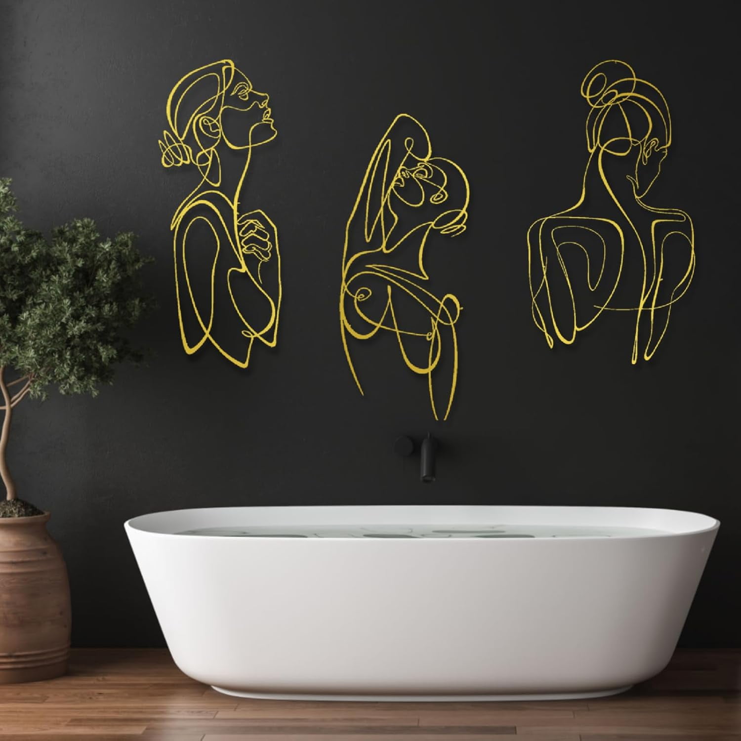 Huspox 3-Piece Minimalist Metal Wall Art – Female Silhouette Framed Decor For Bedroom, Living Room