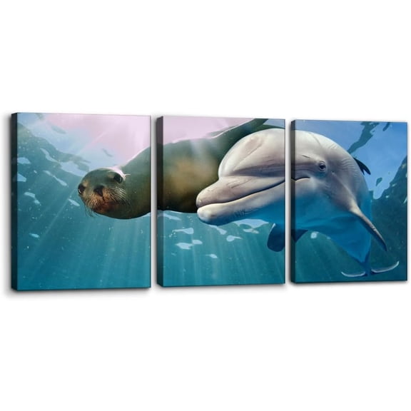 3 Pieces Modern Wall Art Dolphin And Sea Lion Pictures Paintings Print on Canvas Ocean Scenery Giclee Prints Modern Artwork Animals Wall Decor Stretch Framed Ready to Hang - 12"x16"x3