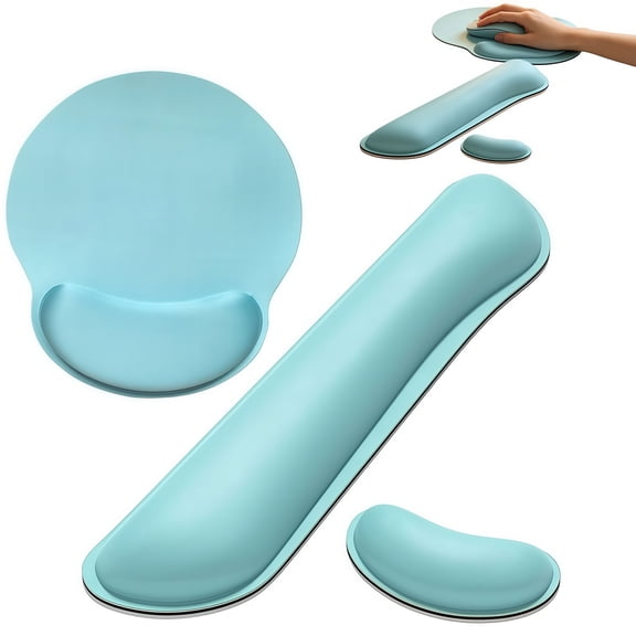 3 Pieces Mouse Pad Wrist Support Set, Light Blue Memory Foam Keyboard Wrist Rest, Mouse Wrist Cushion and Round Mouse Pad, Non-Slip Base Smooth Surface Computer Pad for Office Gaming Laptop Desktop